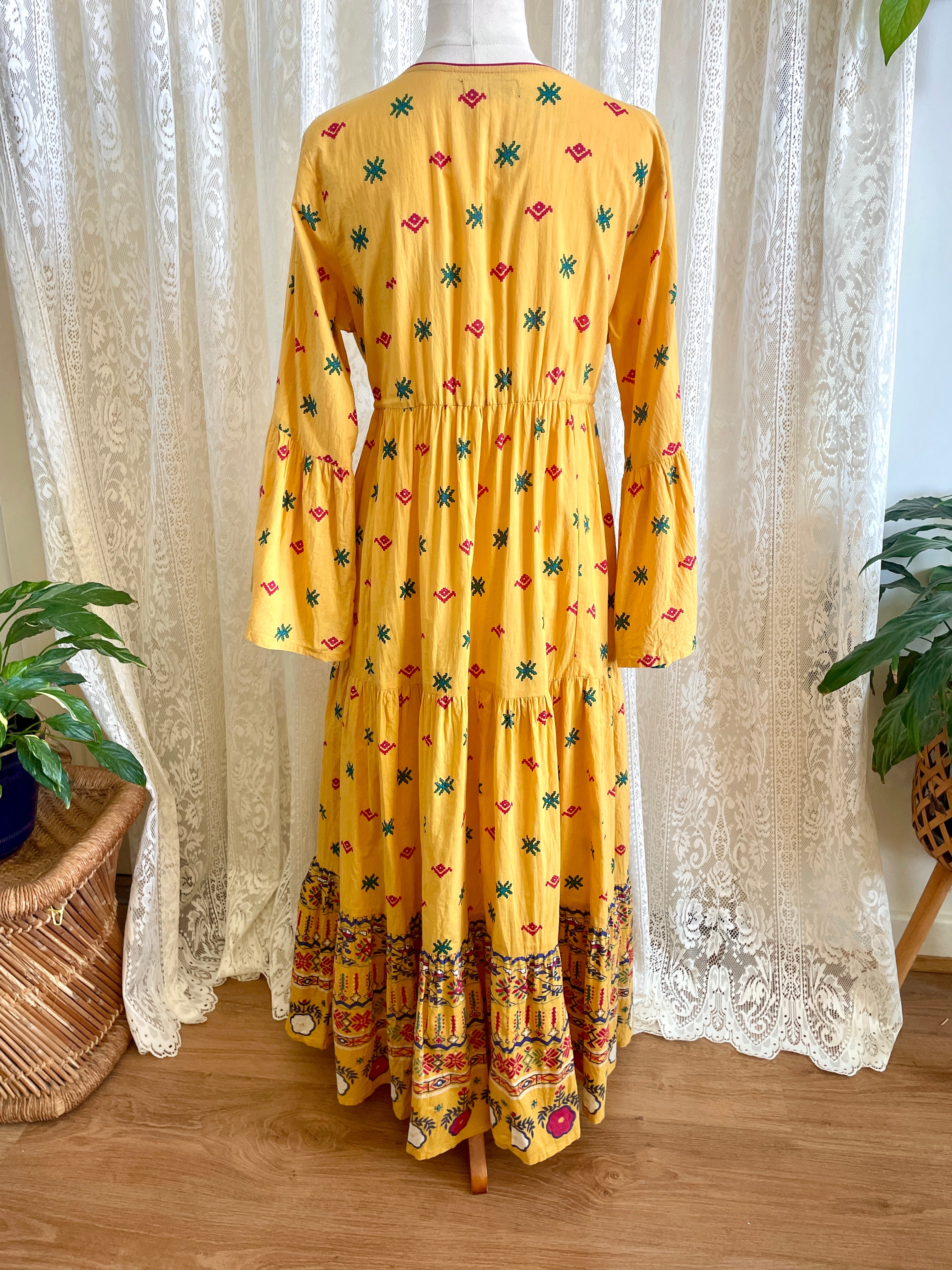 Ishka Marigold Yellow Embroidered Boho Maxi Dress – Bell Sleeve Tiered – Mojo Moon