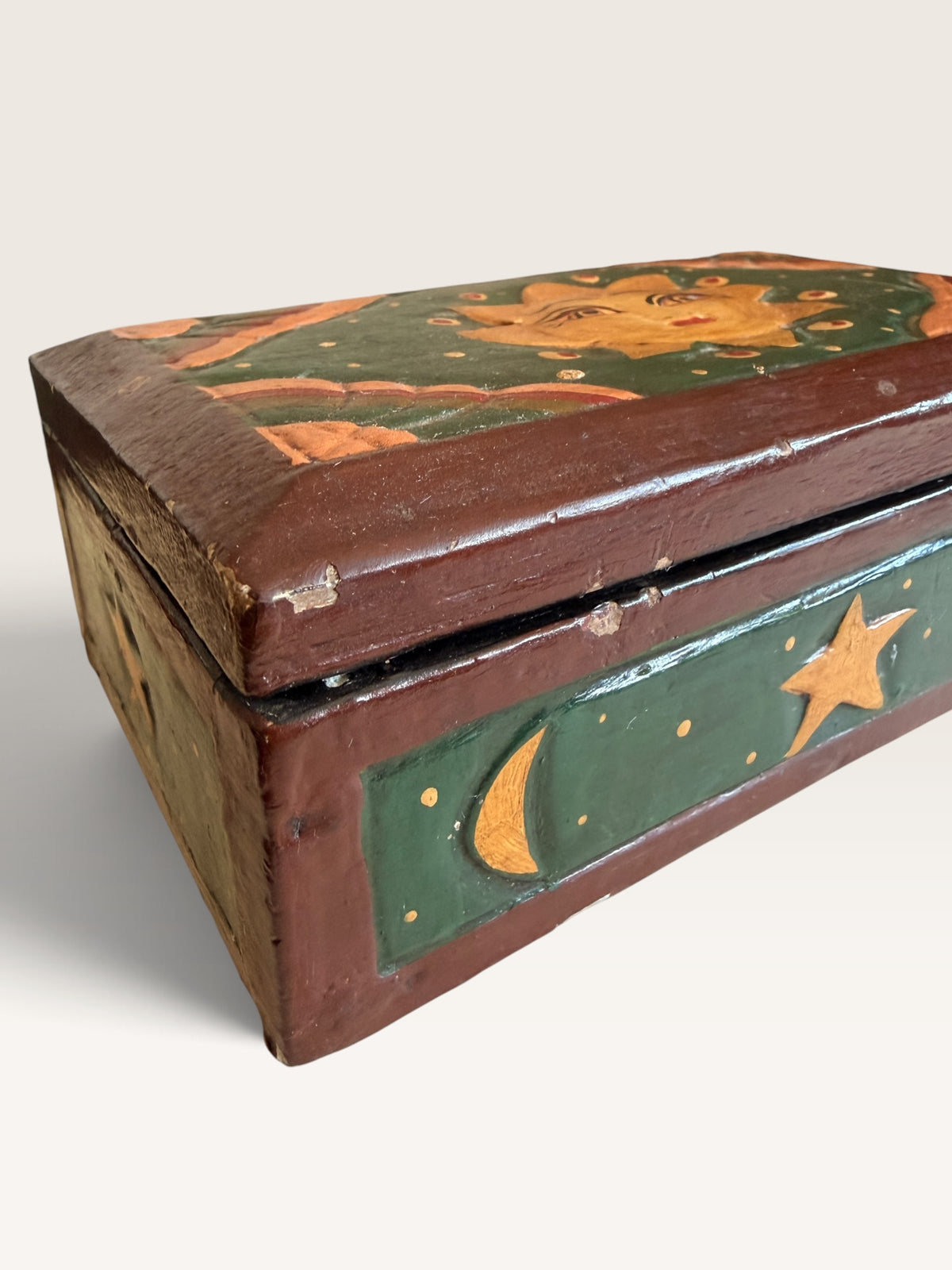 Authentic 1990s Vintage Celestial Wooden Box Hand Painted Sun Moon Star