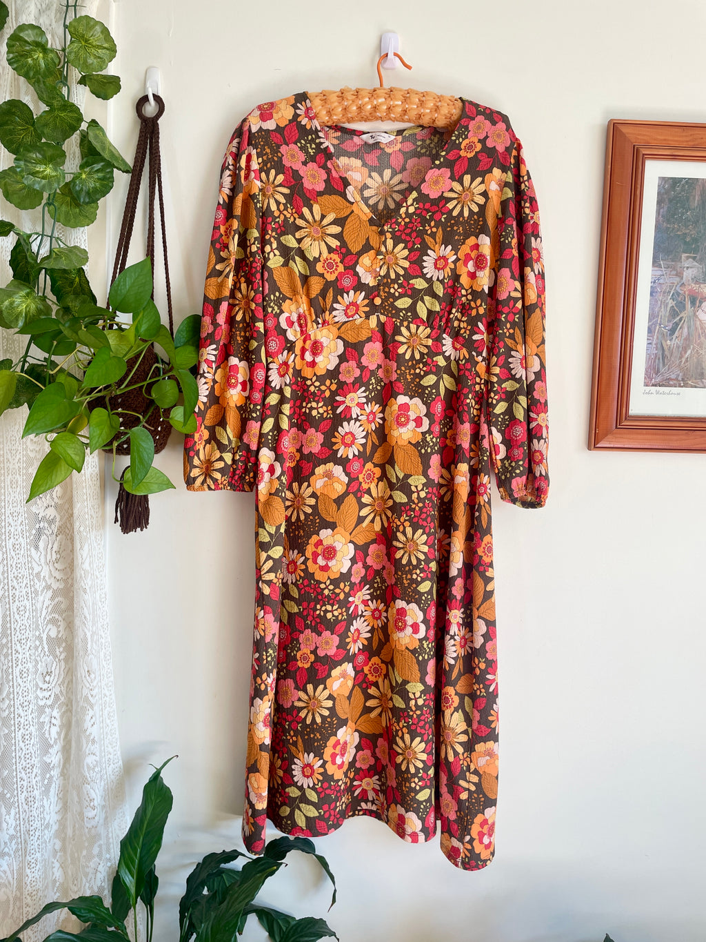70s Style Retro Print Midi Dress