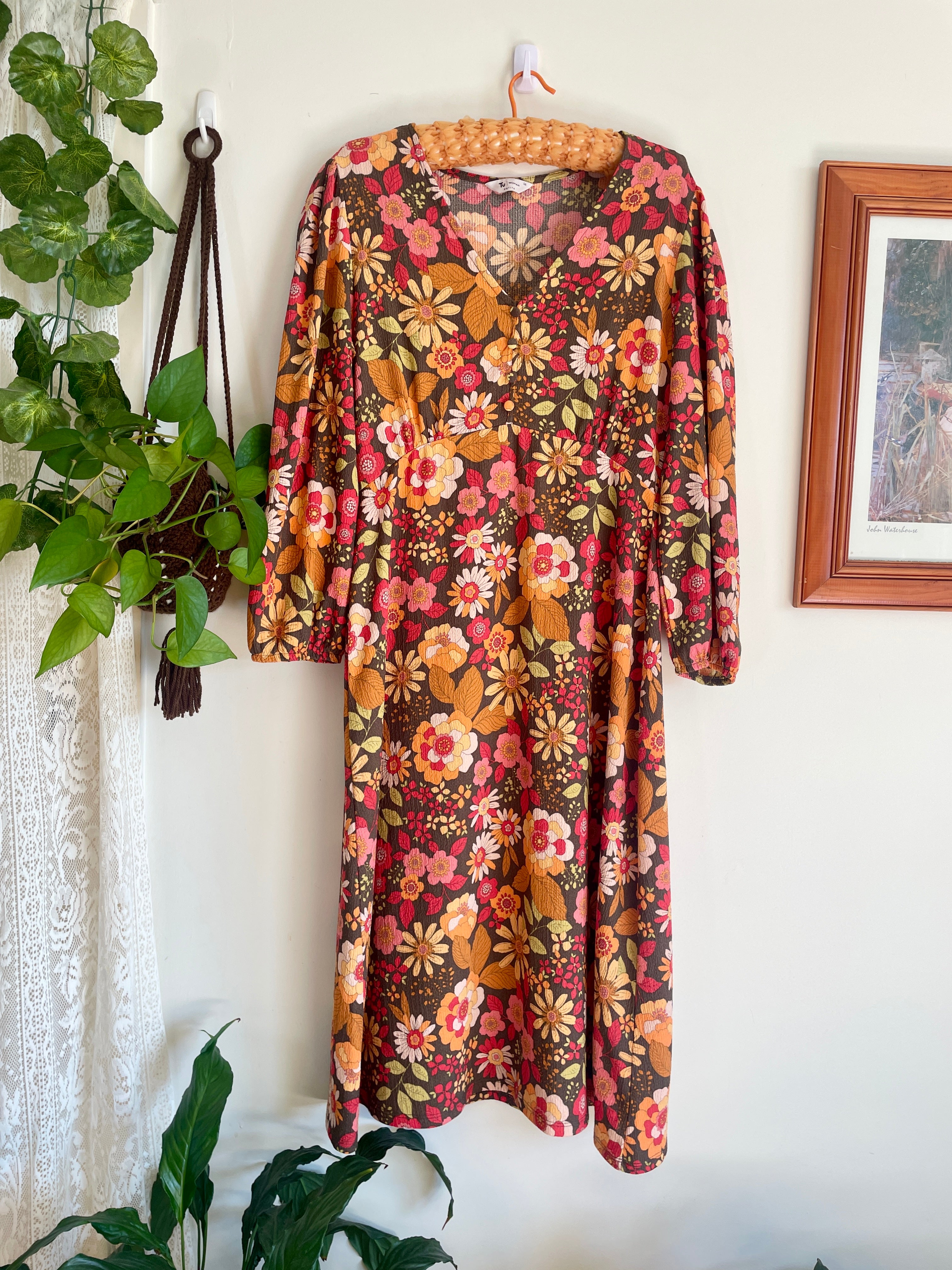 70s Style Retro Print Midi Dress