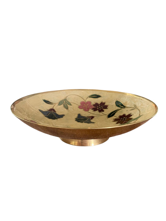 Vintage Brass Cloisonné Enamel footed bowl with floral motifs