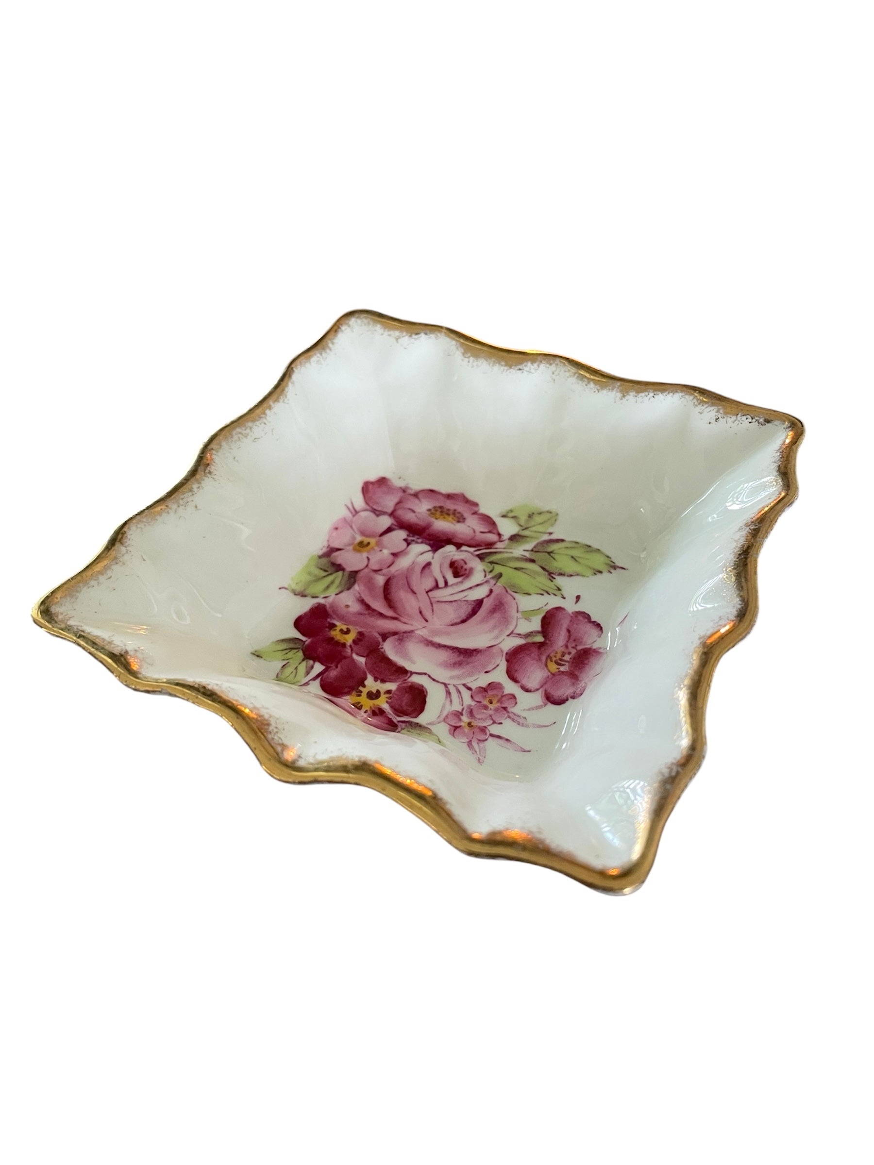 Bone China Butter Pat/Trinket Dish with pink floral motifs & gold trims VTG