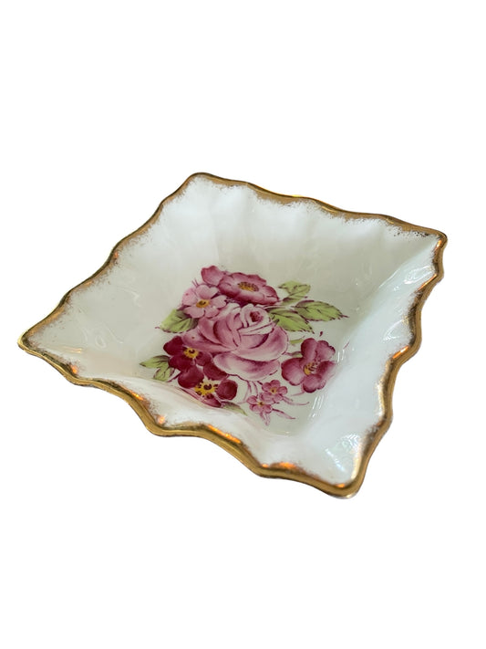 Bone China Butter Pat/Trinket Dish with pink floral motifs & gold trims VTG