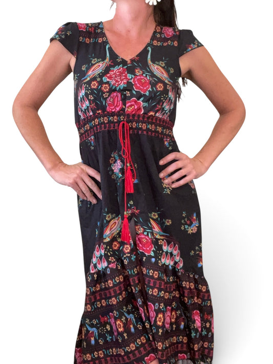 Black & Bright Floral & Peacock Print High/Low Dress - Sz M