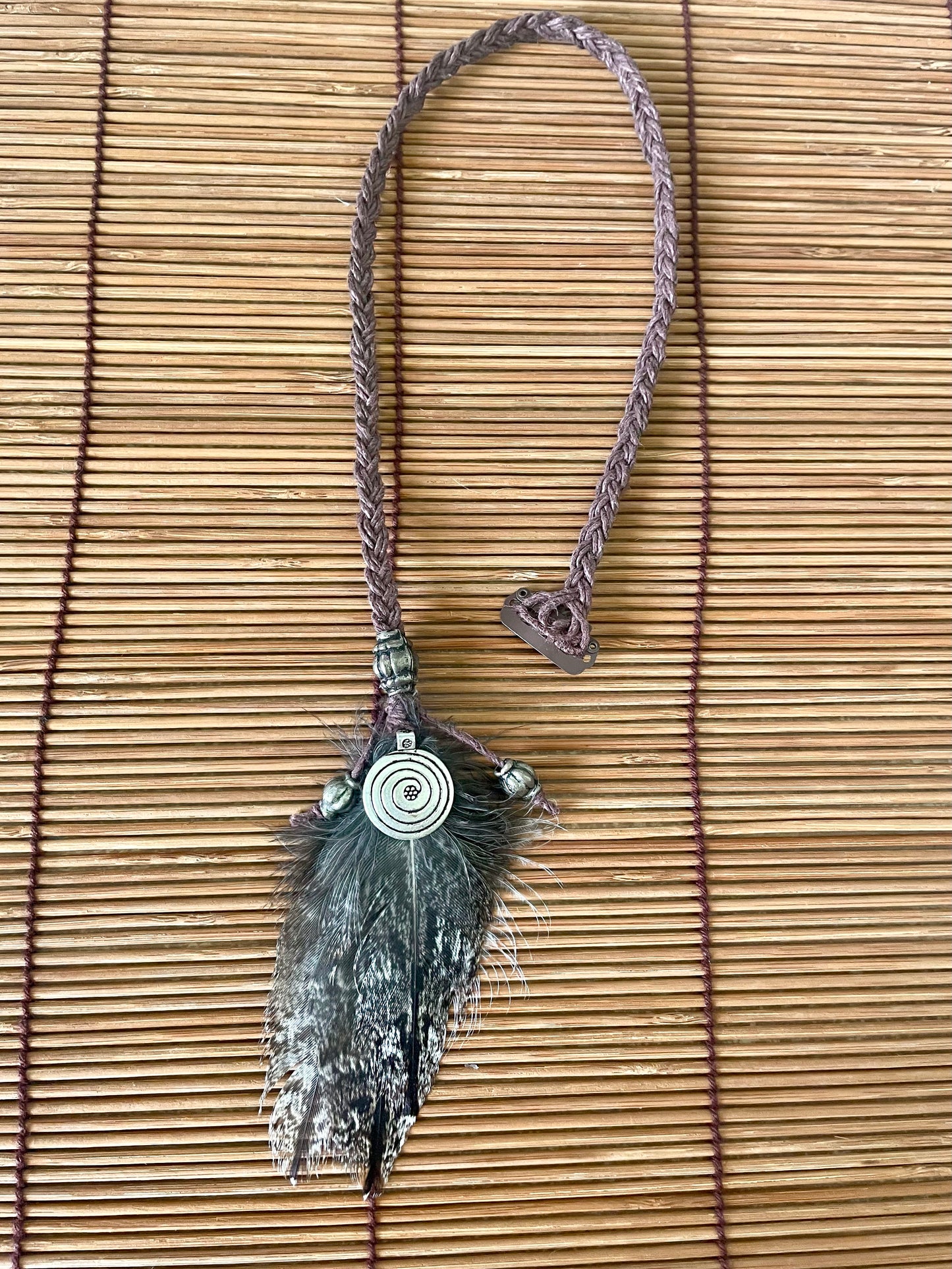 Feather & Hemp Hair Extension - Tawny Frogmouth/Spiral