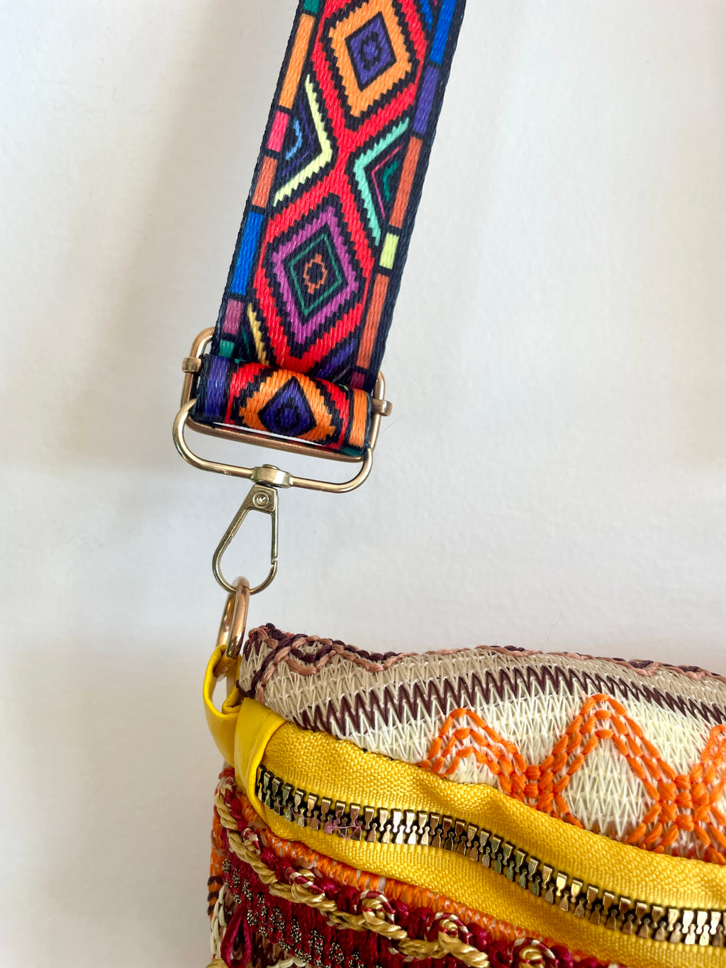 Boho Crossbody Bag w/ Thick Geometric Strap & Tassels
