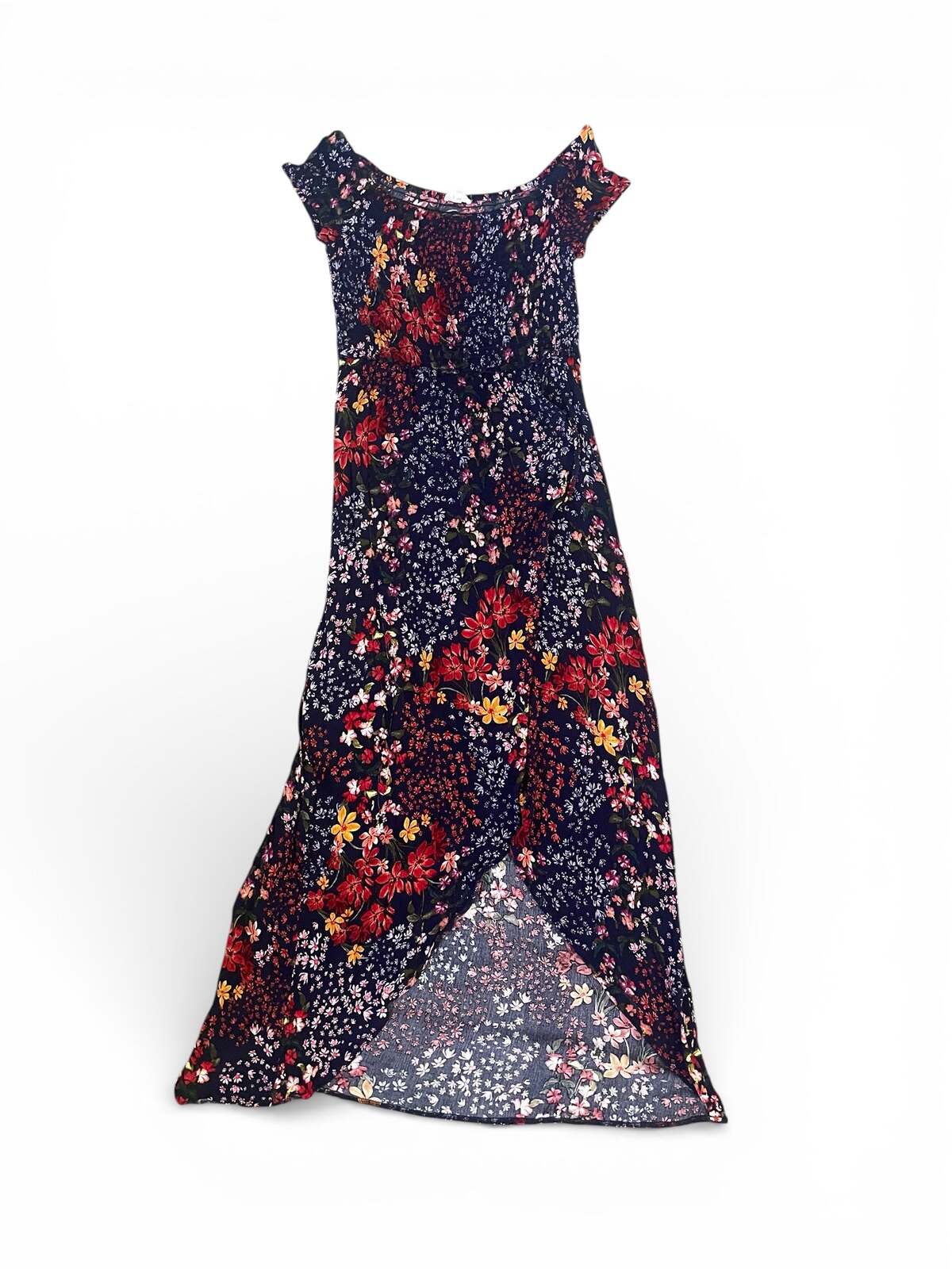 Navy Floral off shoulder dress with front split