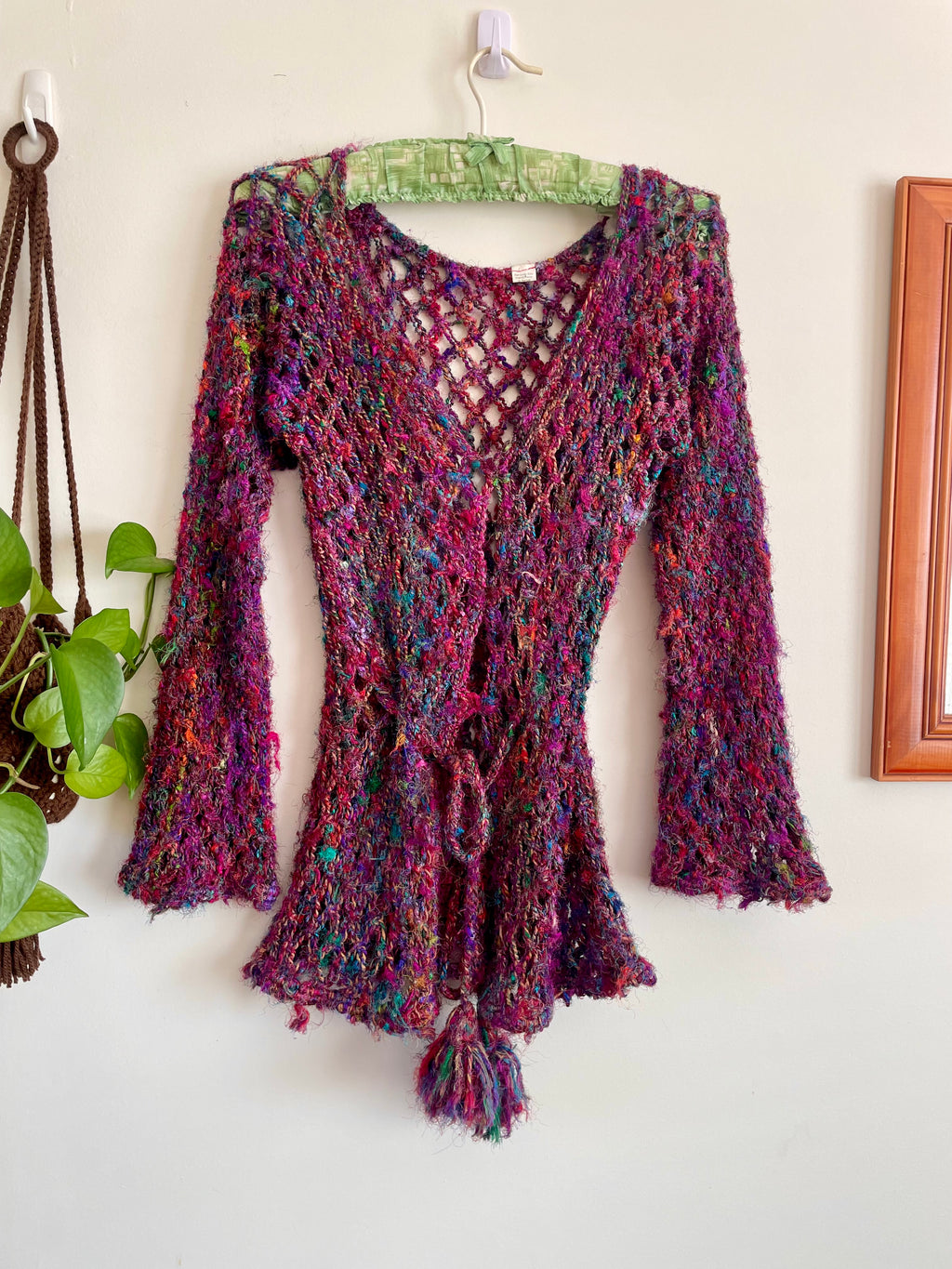 Recycled silk Crochet mesh tie up cardigan
