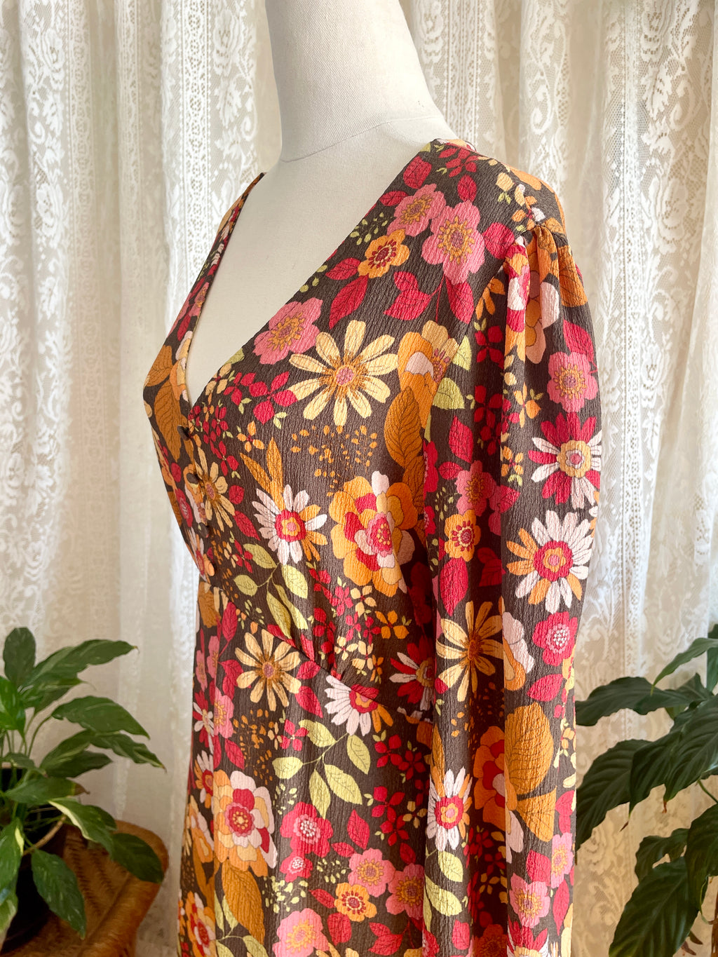70s Style Retro Print Midi Dress