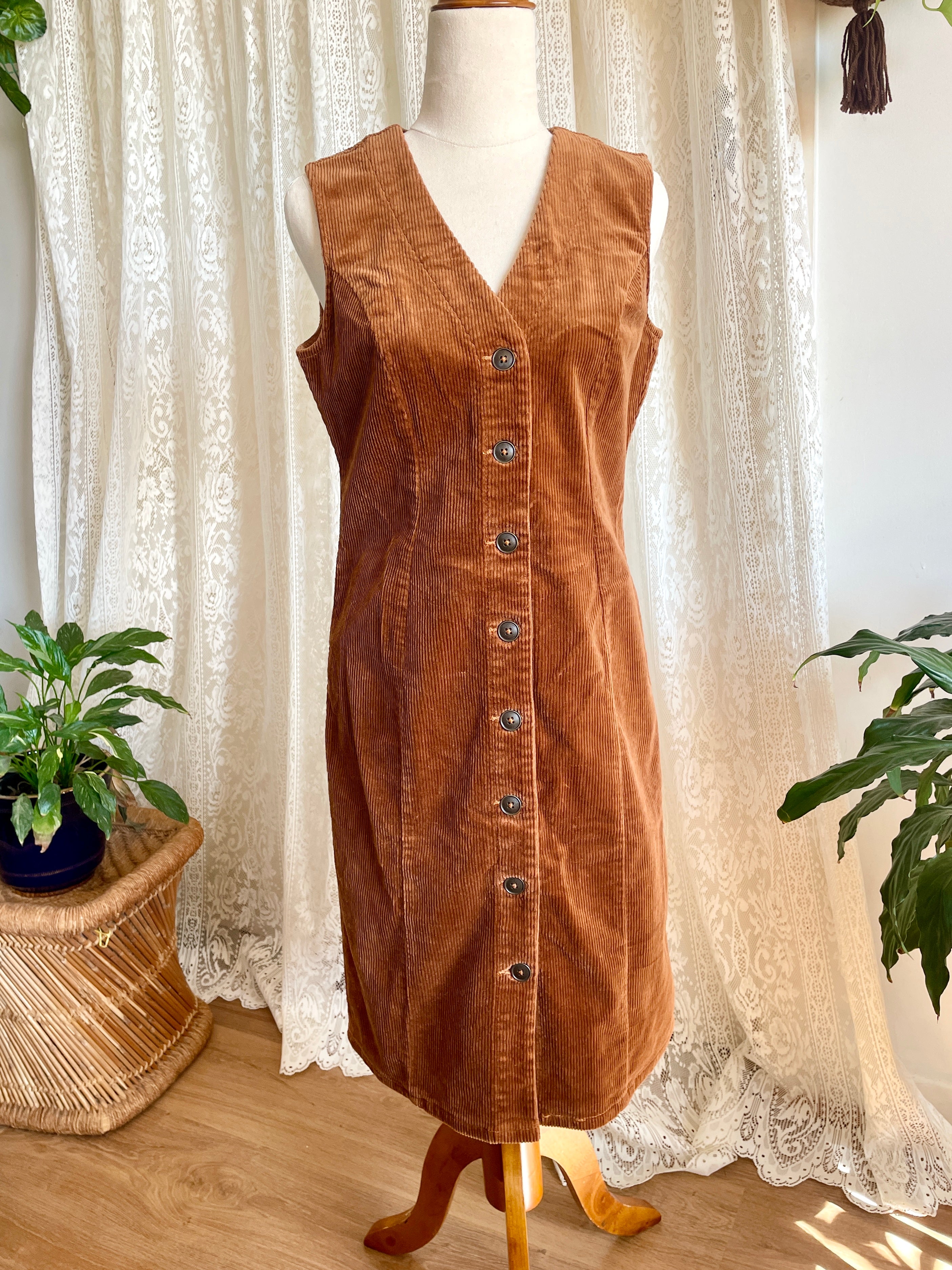 M&Co Tan Corduroy Button up Pinafore Dress Sz 10