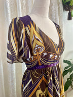 Art Nouveau 70s Style Abstract Print Chiffon Maxi Dress – Empire Waist Flutter Sleeve - Sz