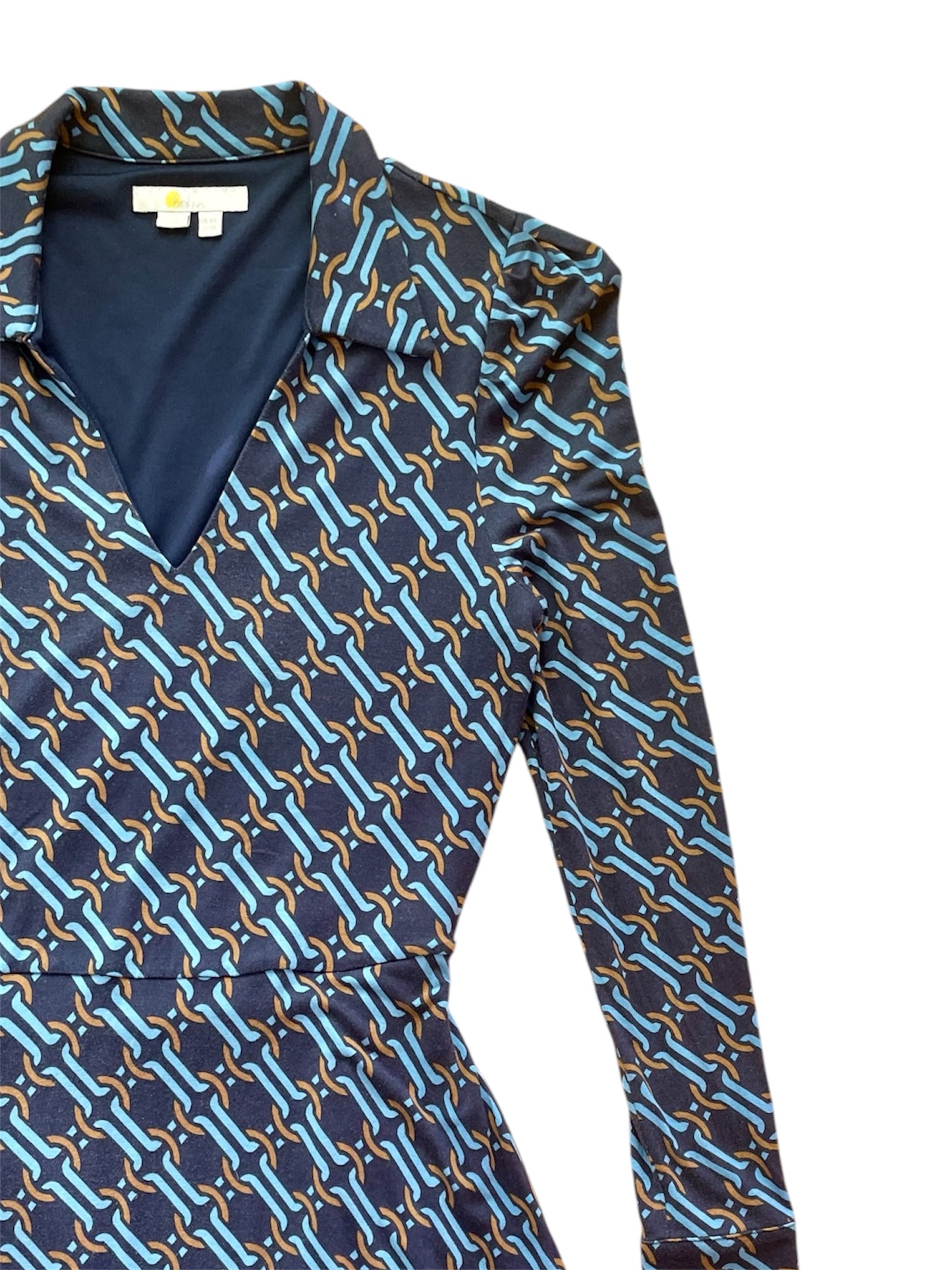 Retro Print Long Sleeve Belted Dress
