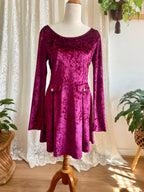 Retro Style Avocado Crushed Velvet Burgundy Dress with Long Sleeves Sz 14