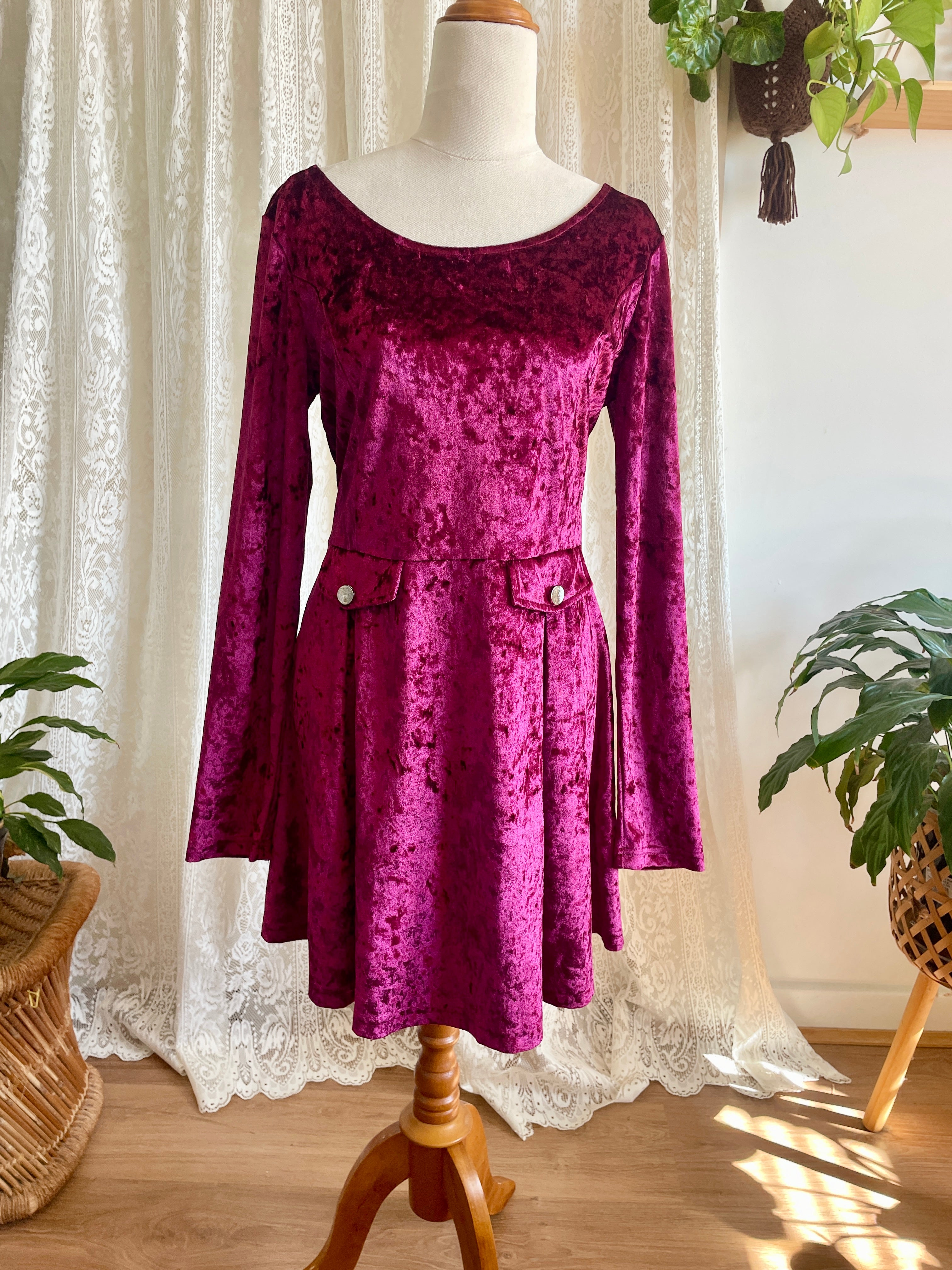 Retro Style Avocado Crushed Velvet Burgundy Dress with Long Sleeves Sz 14