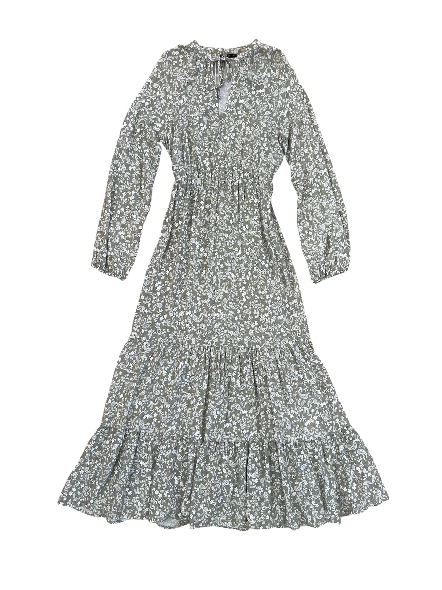 Long Sleeve Sage Paisley Print Dress