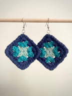 Crochet Big Square Earrings - Blue Tone