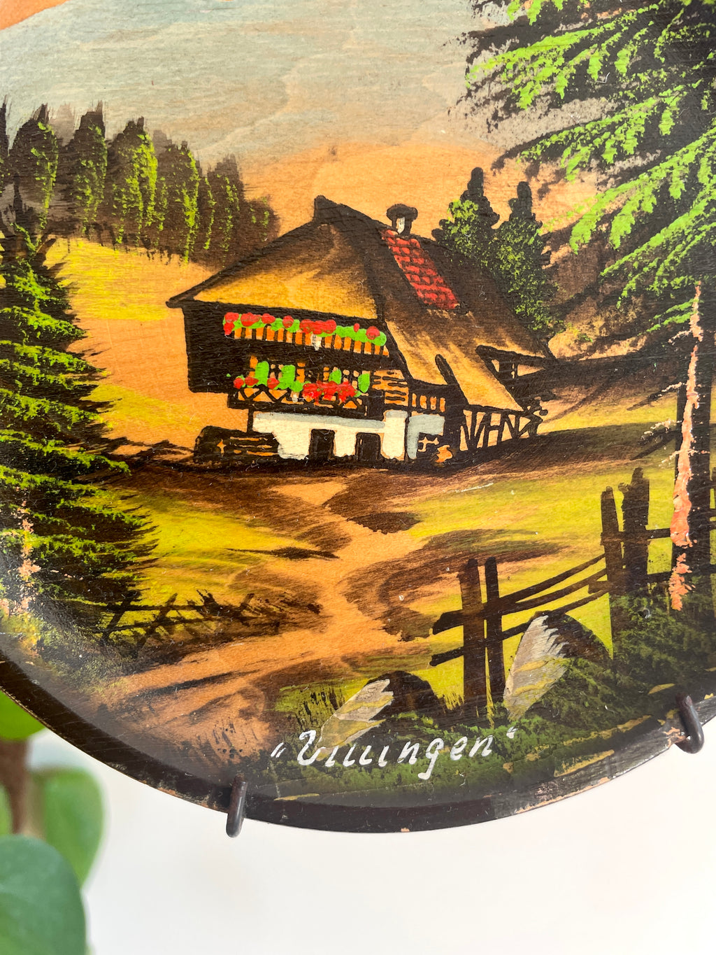 Vintage German Folk Art Wall Hanging Farmhouse Scene Wood Plate