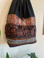 Hobo Style Sling Bag with Elephants and Embroidered Trim