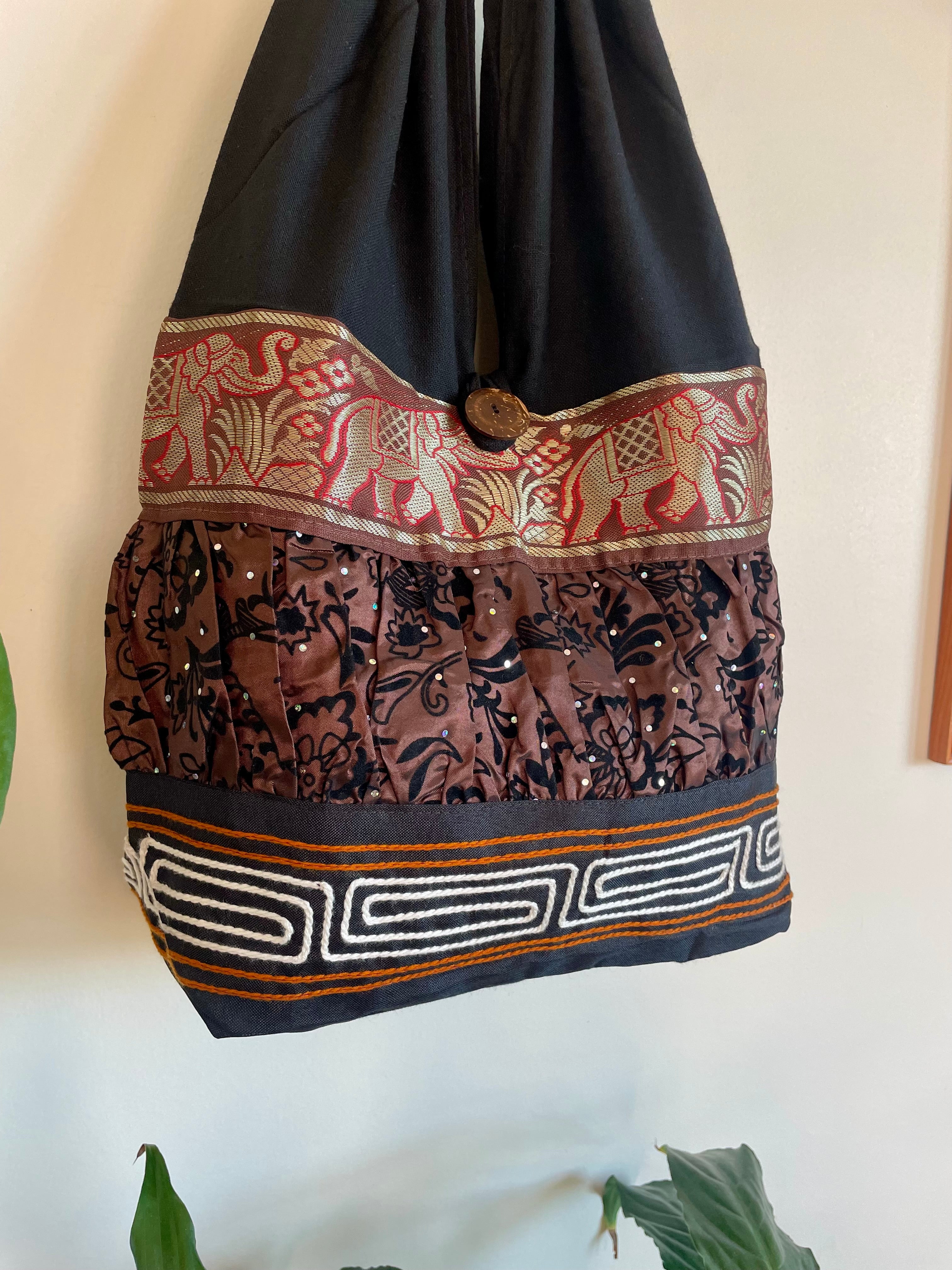 Hobo Style Sling Bag with Elephants and Embroidered Trim