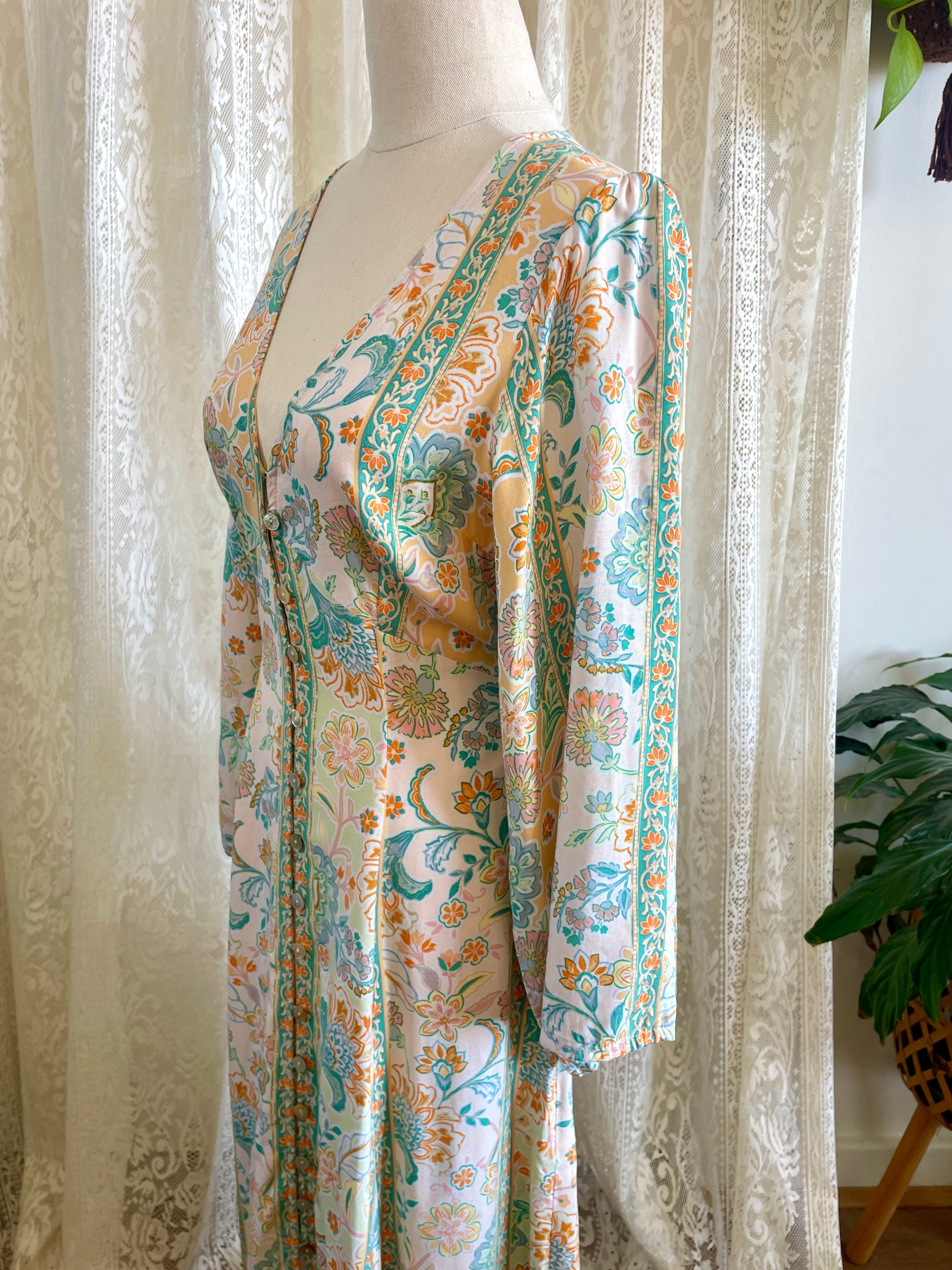 Pastel Mint & Peach Floral Boho Midi Dress – Button Down Duster Sz 12