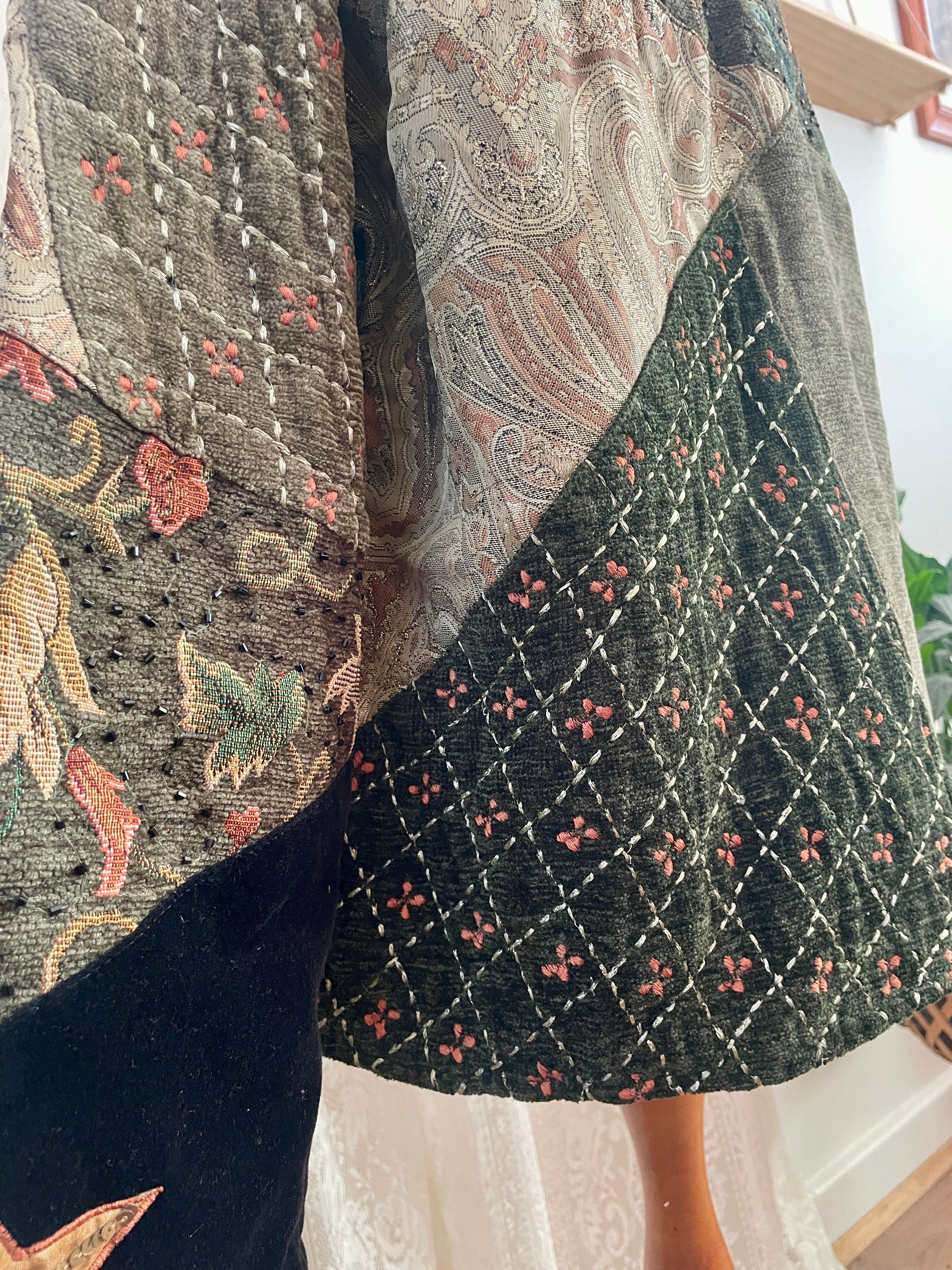 Vintage 90s Indigo Moon Star Patchwork Jacket – Velvet Tapestry Tie Front - Sz L