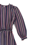 Vintage Sheer Belted Stripe Long Sleeve Dress
