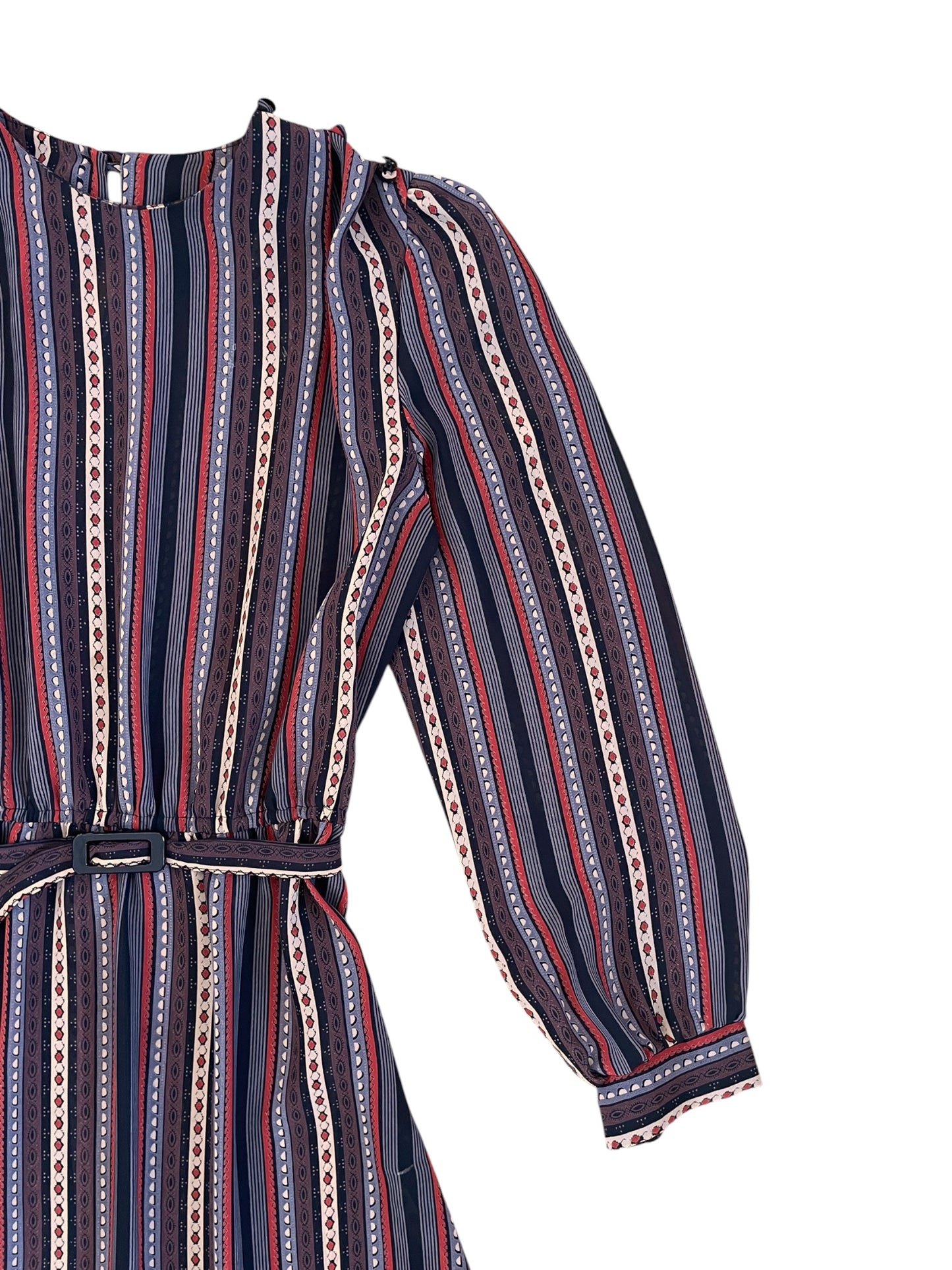 Vintage Sheer Belted Stripe Long Sleeve Dress