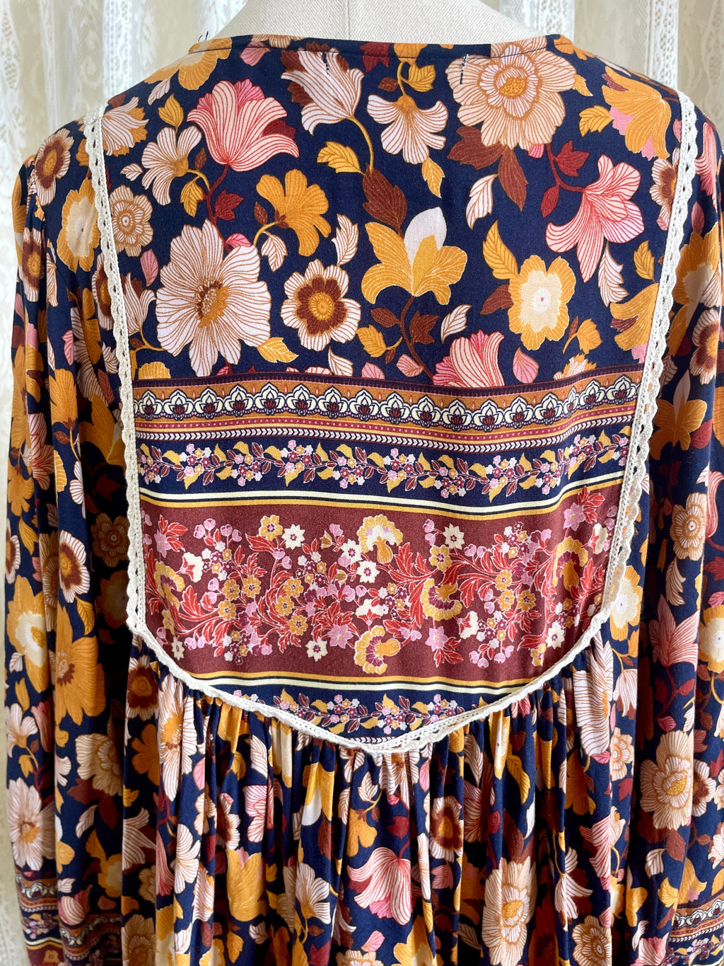 Salty Bright Ochre & Navy Floral Boho Peasant Top – Size 12