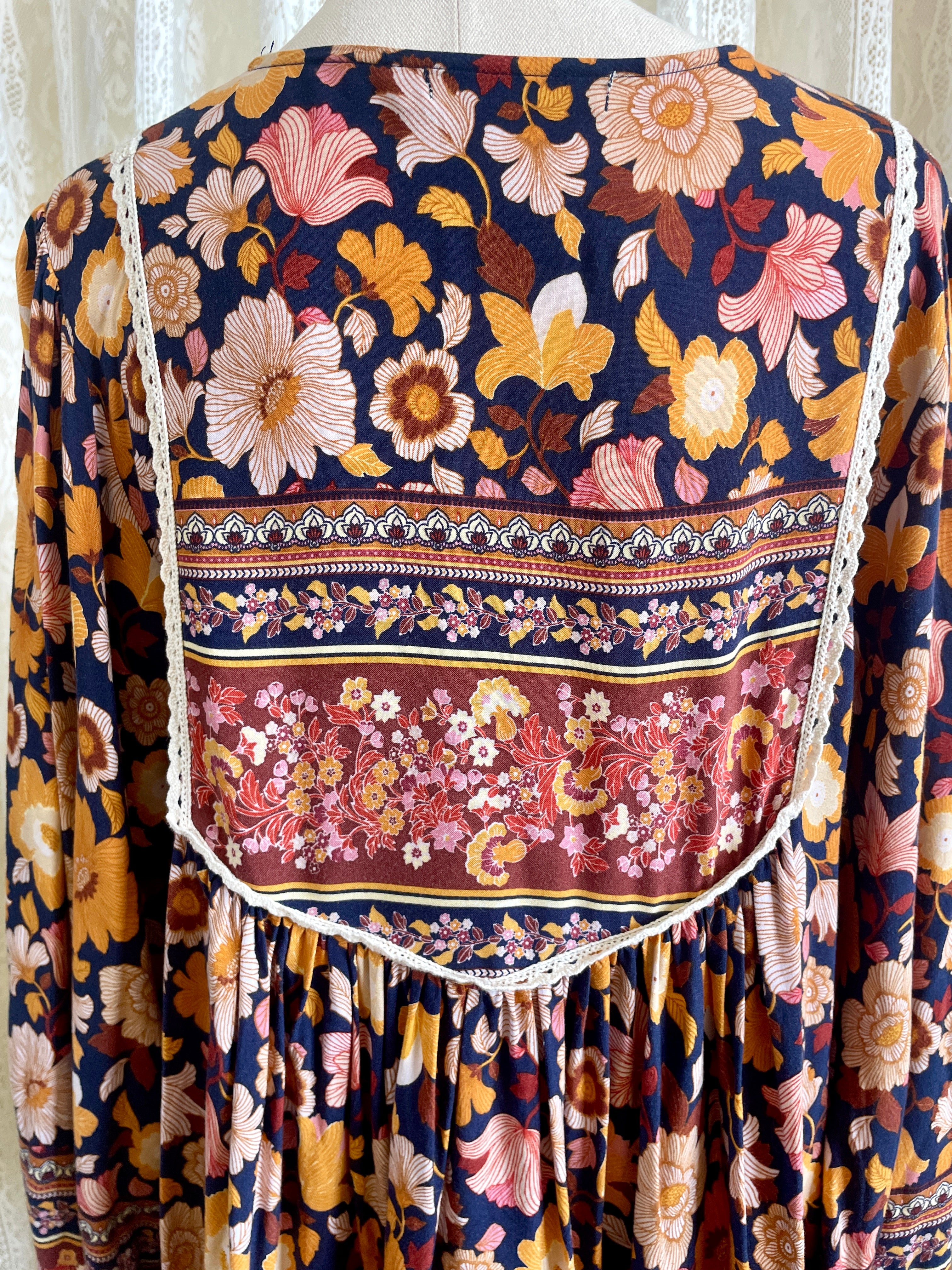 Salty Bright Ochre & Navy Floral Boho Peasant Top – Size 12