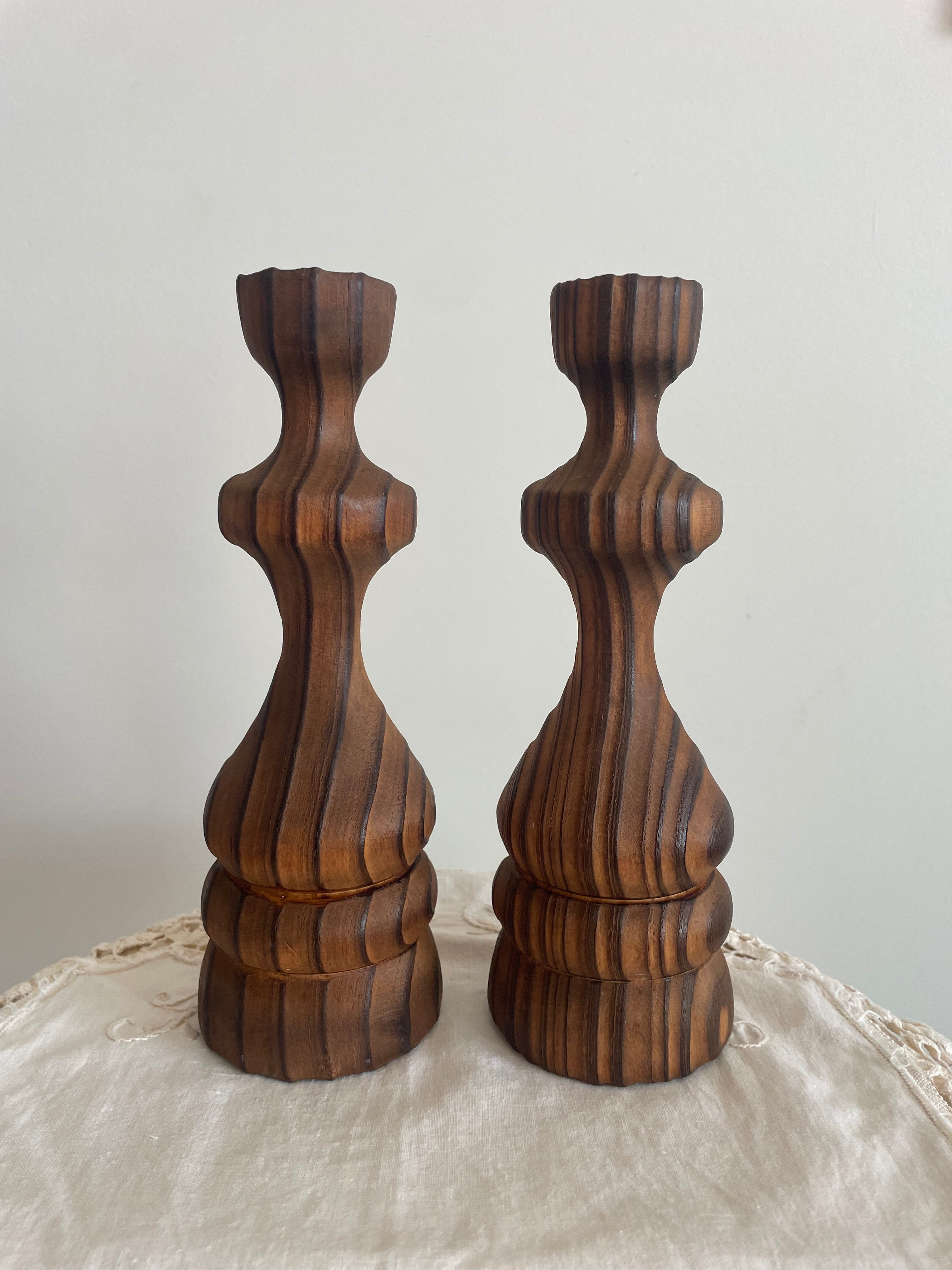 MCM Hand turned Wood Candlestick Holders S2