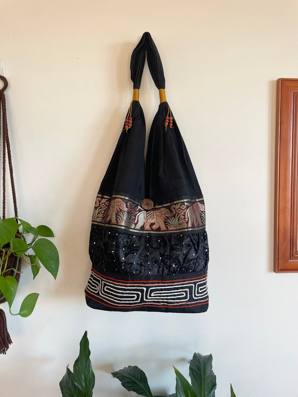 Hobo Style Sling Bag with Elephants and Embroidered Trim