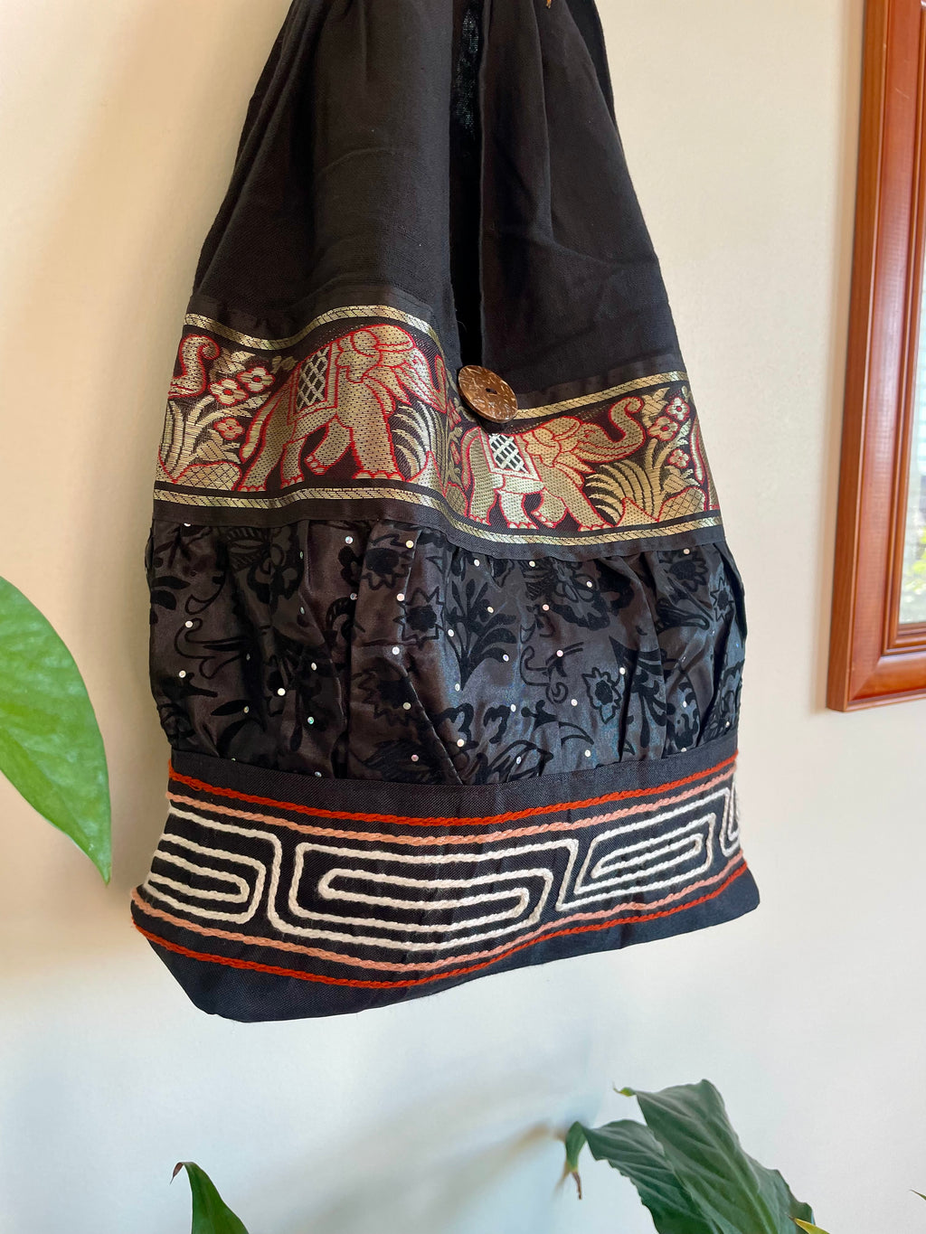 Hobo Style Sling Bag with Elephants and Embroidered Trim