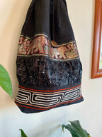 Hobo Style Sling Bag with Elephants and Embroidered Trim