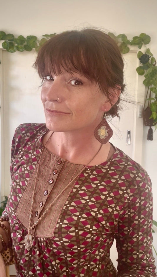Mojo Moon Crochet Earrings - Granny - Brown, sage, olive