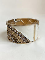 Gold & White Enamel Statement Cuff Bracelet - Hinged Chunky Bangle