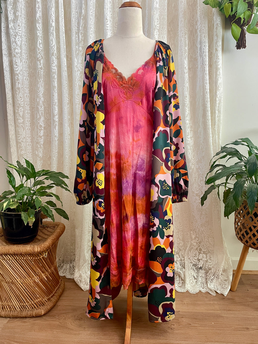 Tu Women Abstract Floral Midi Dress – Button Down Kimono Duster - Sz 12