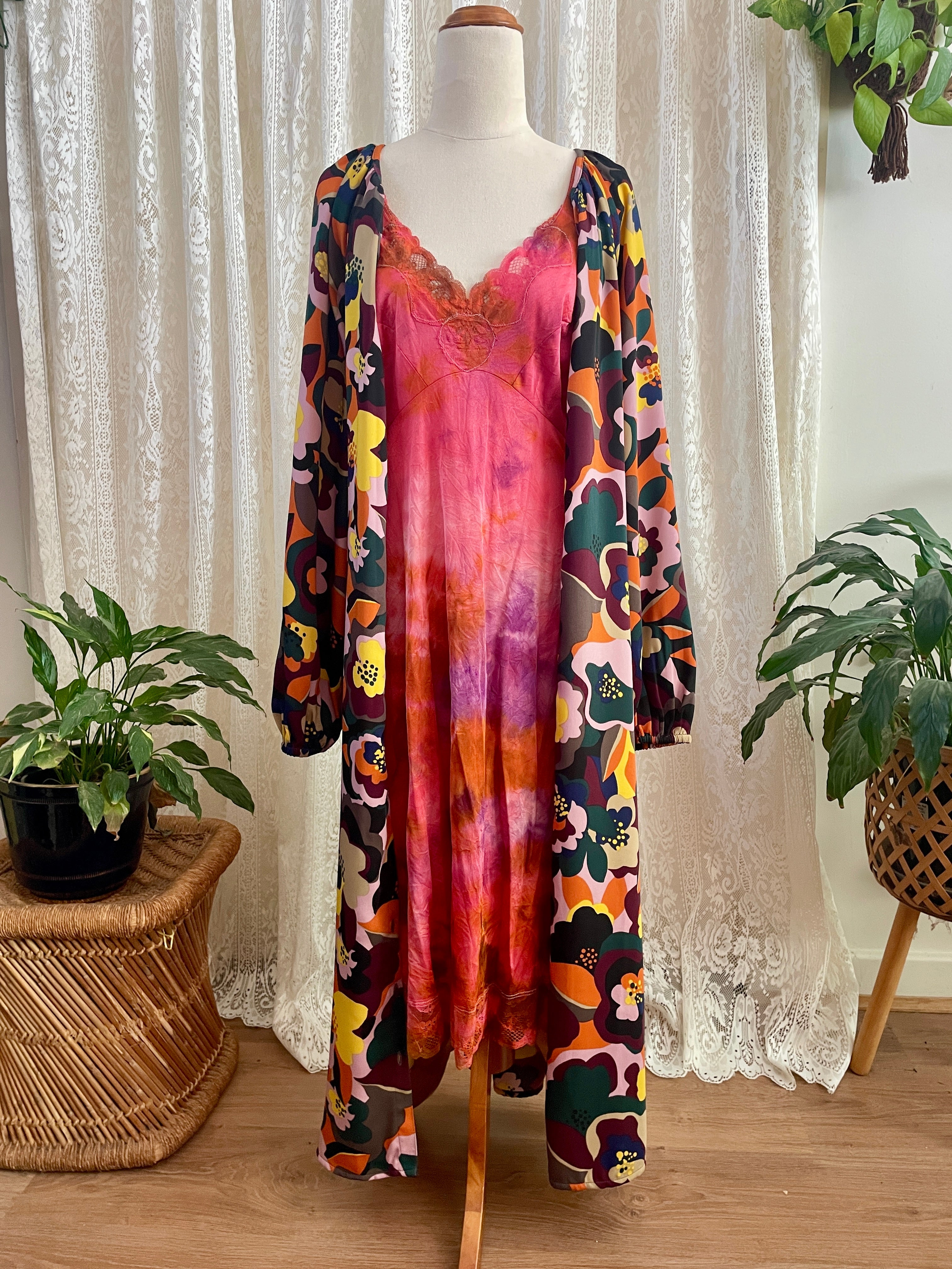 Tu Women Abstract Floral Midi Dress – Button Down Kimono Duster - Sz 12