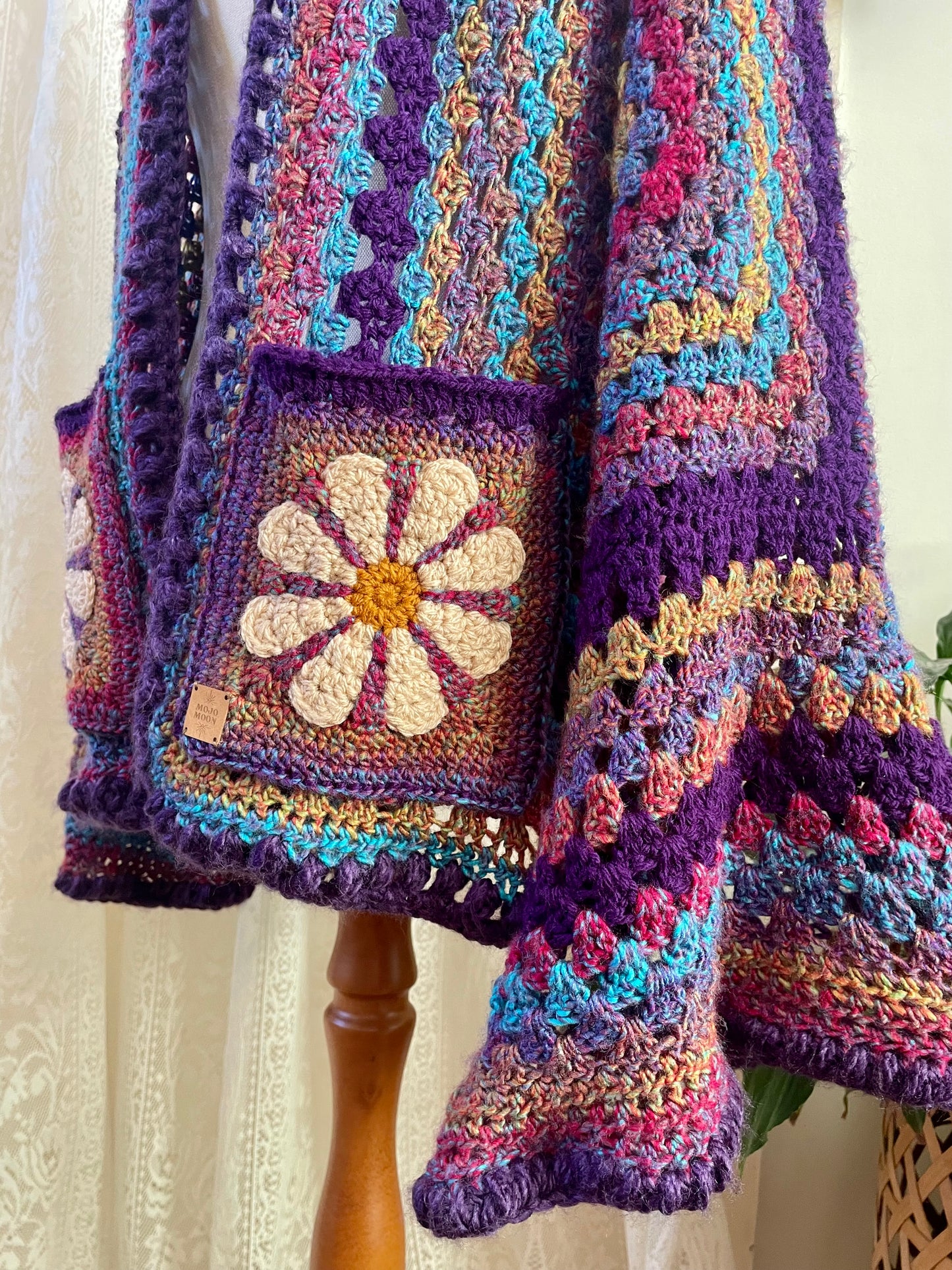 Purple Rainbow Reversible Crochet Cardigan with Bell Sleeves