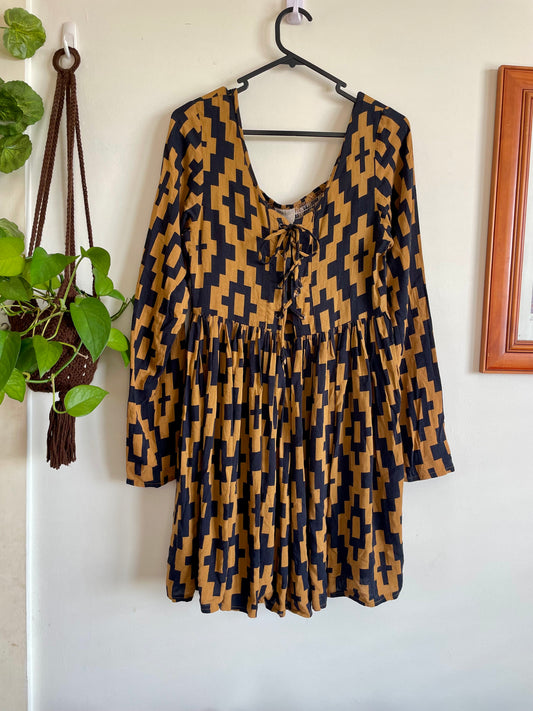 Brown & Black Geometric Print L/S Mini Dress