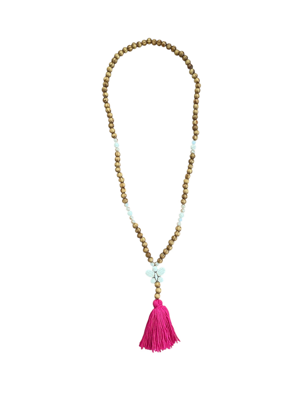 Long wood & white bead necklace with stone butterfly & pink tassel