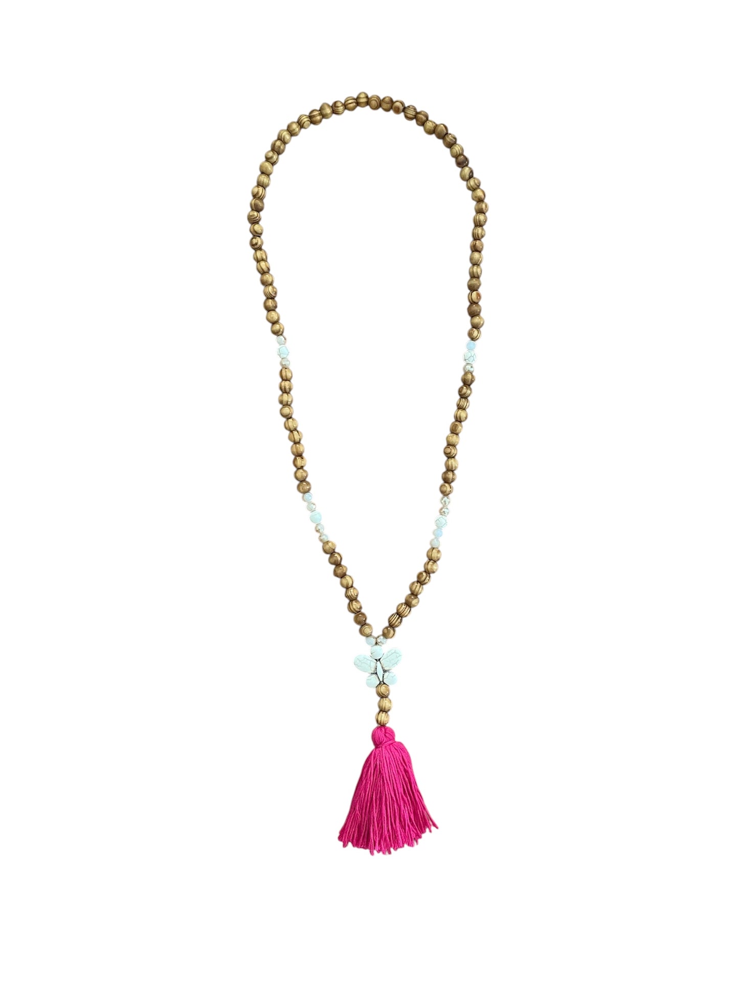 Long wood & white bead necklace with stone butterfly & pink tassel