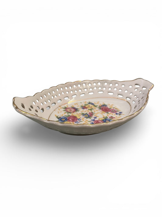 Floral Trinket Dish with Gold Trims Pink & Blue Flowers