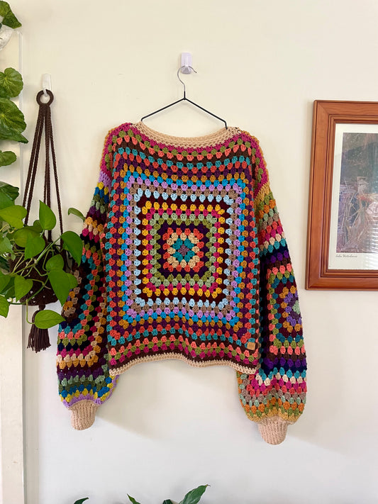 Crochet Rainbow Granny Square Jumper with Cuffs