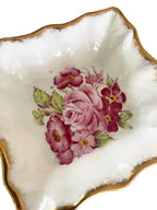 Bone China Butter Pat/Trinket Dish with pink floral motifs & gold trims VTG