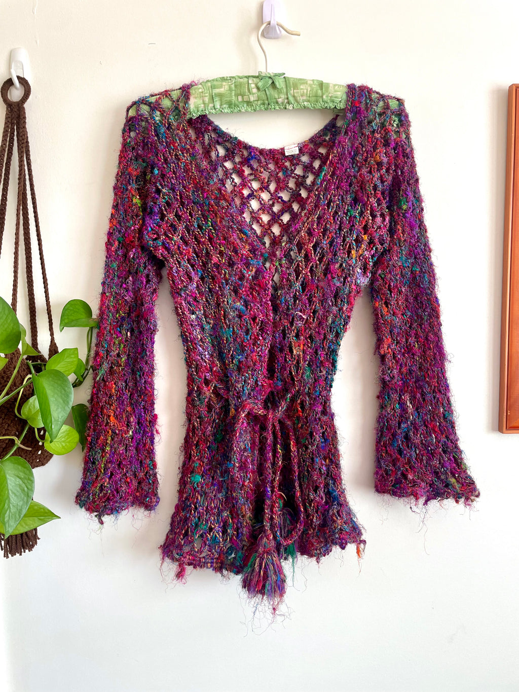 Recycled silk Crochet mesh tie up cardigan