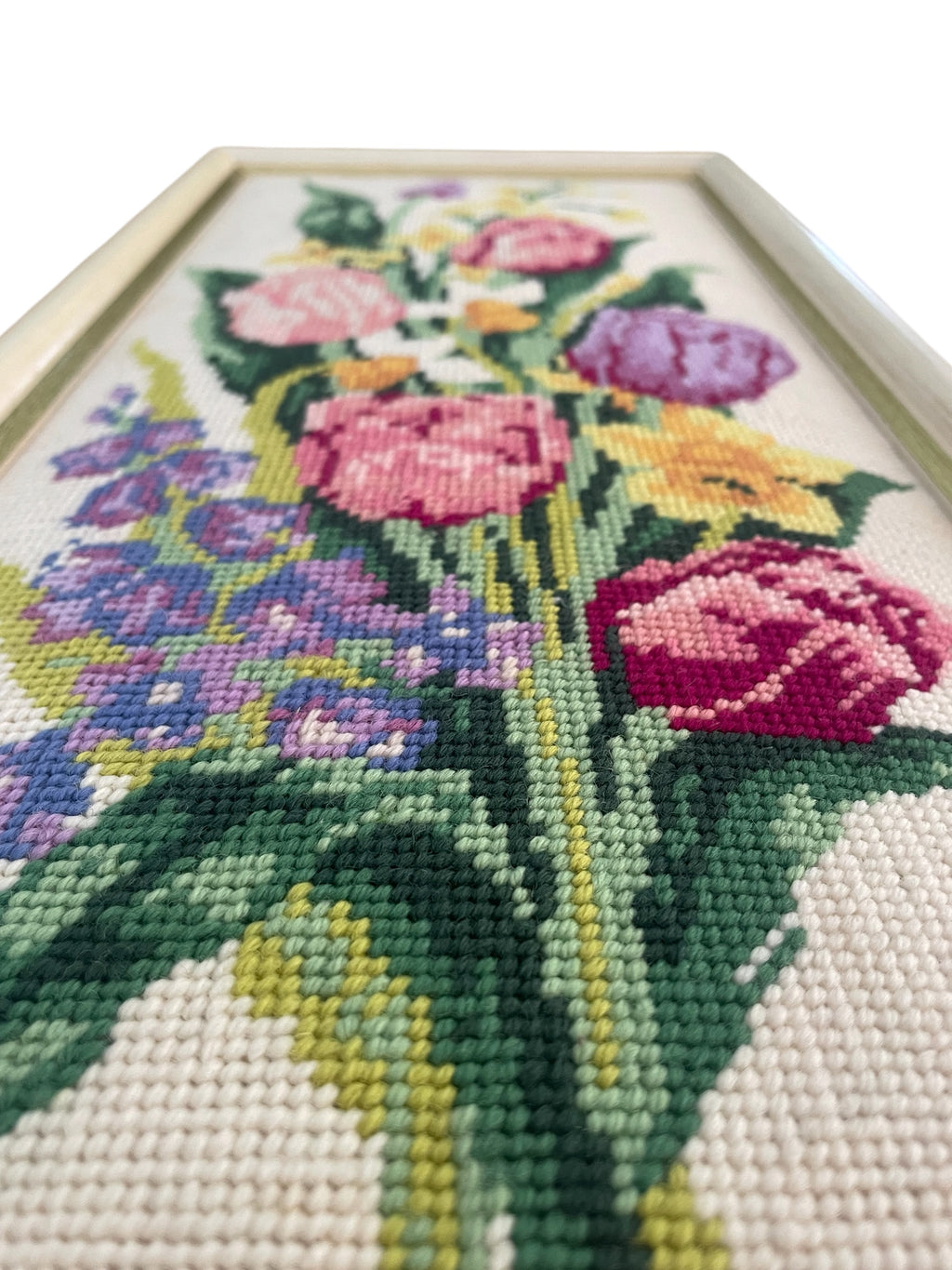 Vintage Tulips completed cross stitch in Frame D’art