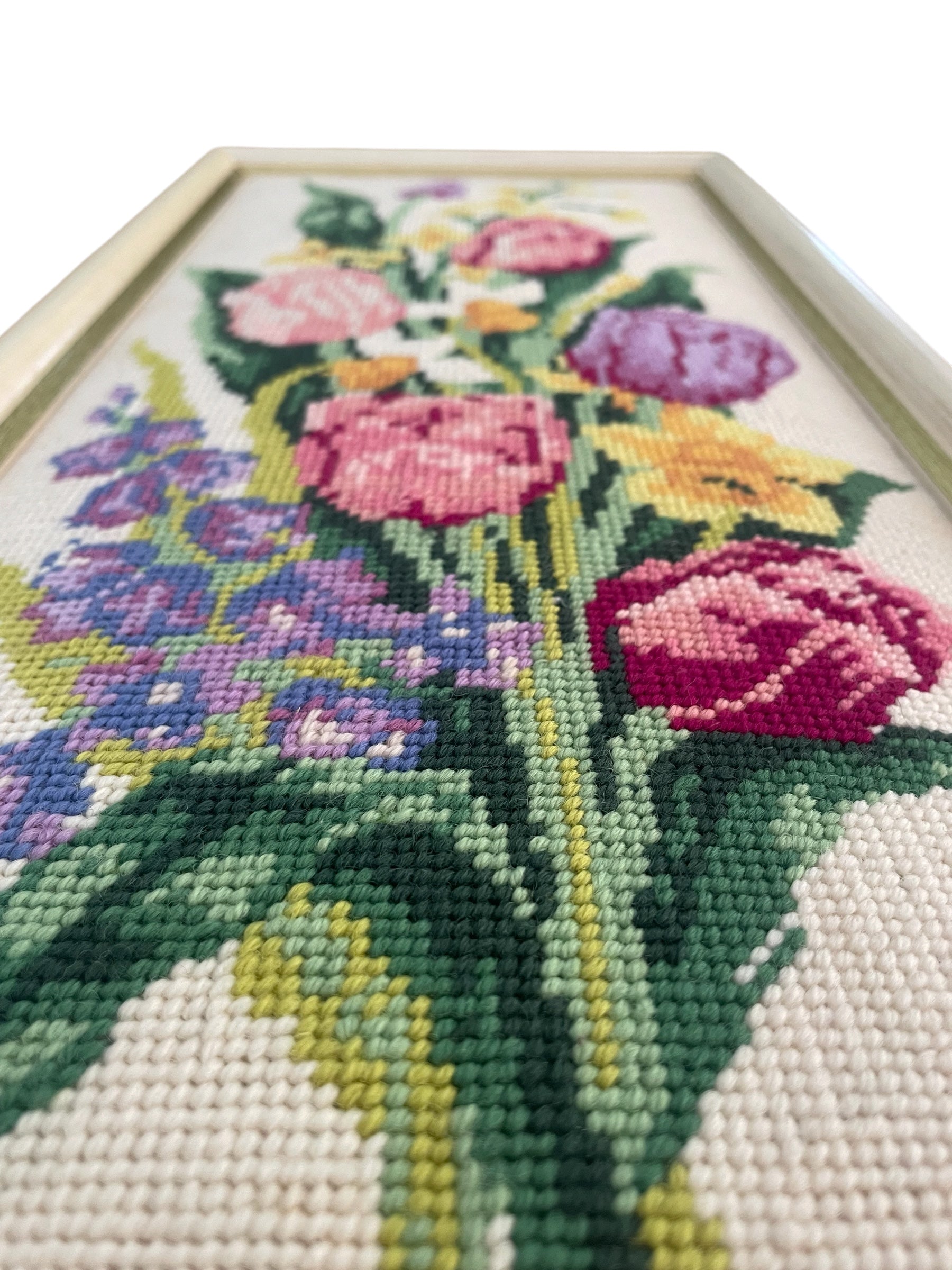 Vintage Tulips completed cross stitch in Frame D’art