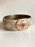 Vintage Brass Enamel Bangle Geometric Tile Cream Blush Pink Gold Cloisonne Cuff Bracelet