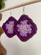 Crochet Big Square Earrings - Purple Tone
