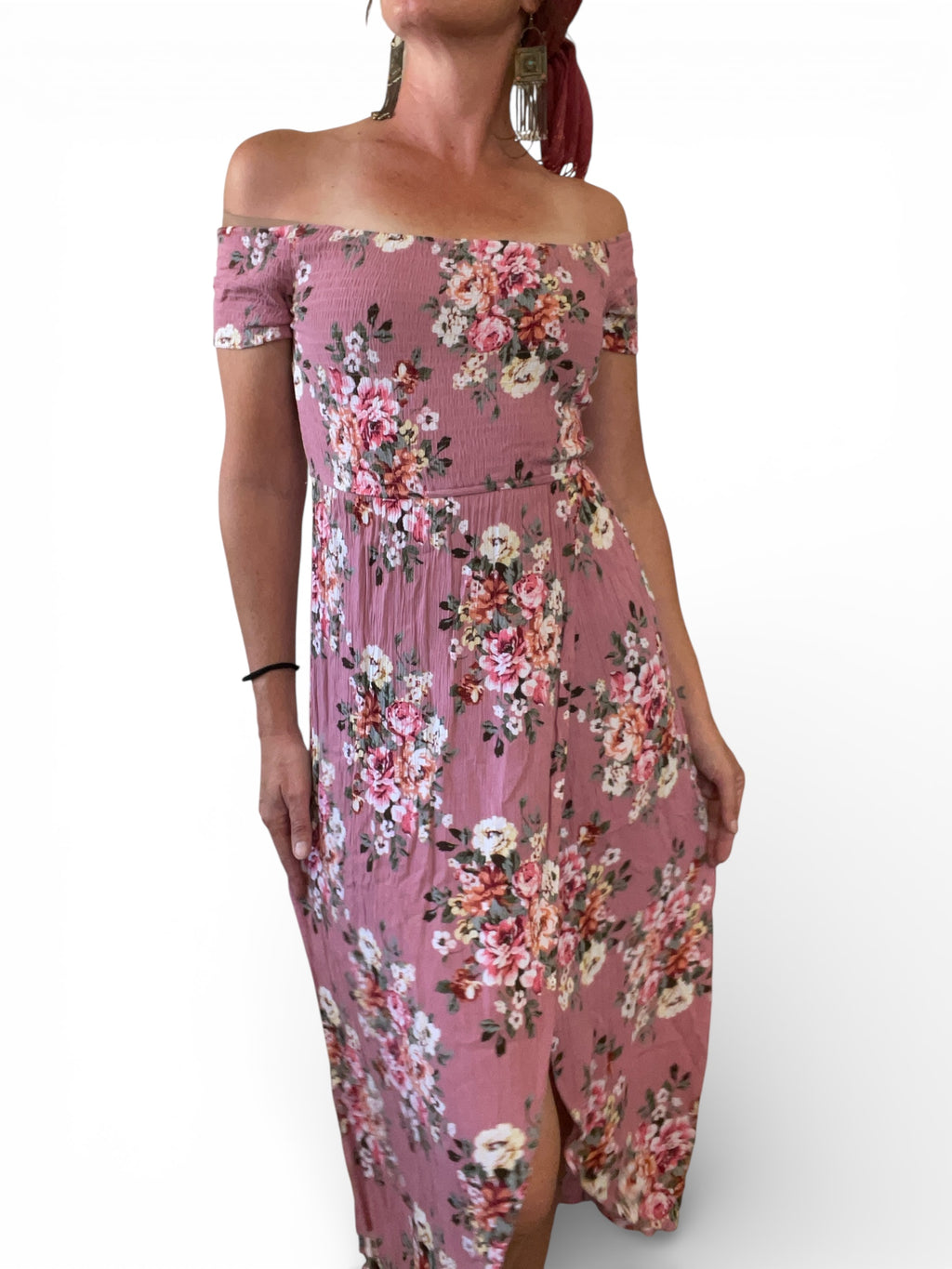 Pre-Loved Pink Floral off shoulder dress - Sz 8